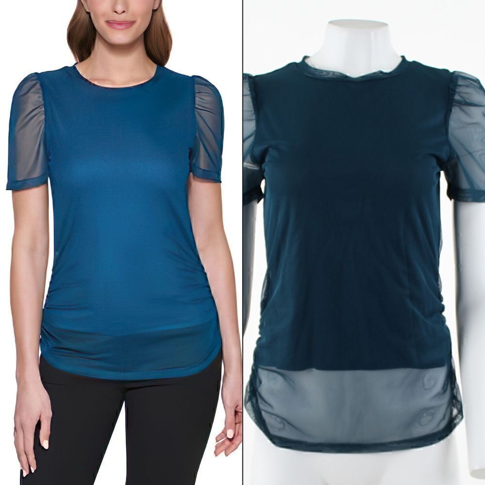 DKNY Petite Ruched Sheer-Sleeve Top Dark Topaz